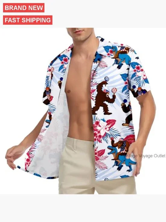 Men's Short Sleeve Button Down Hawaiian Shirt Regular Fit Polyester - Picture 6 of 7